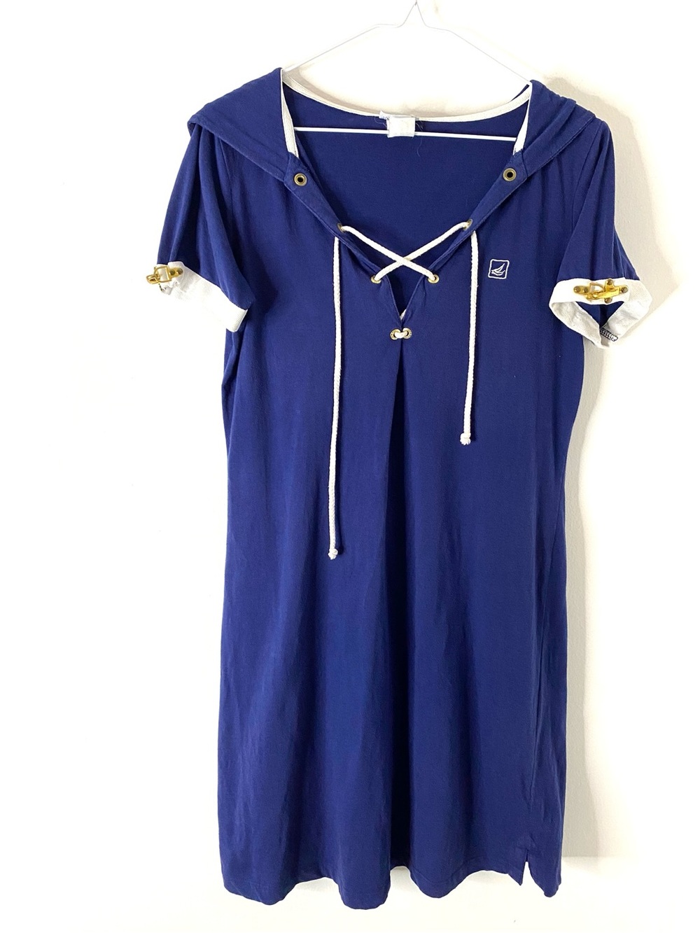Sperry Top-Sider Nautical Hooded Tunic Dress Lace Up Blue Anchor Sleeve
